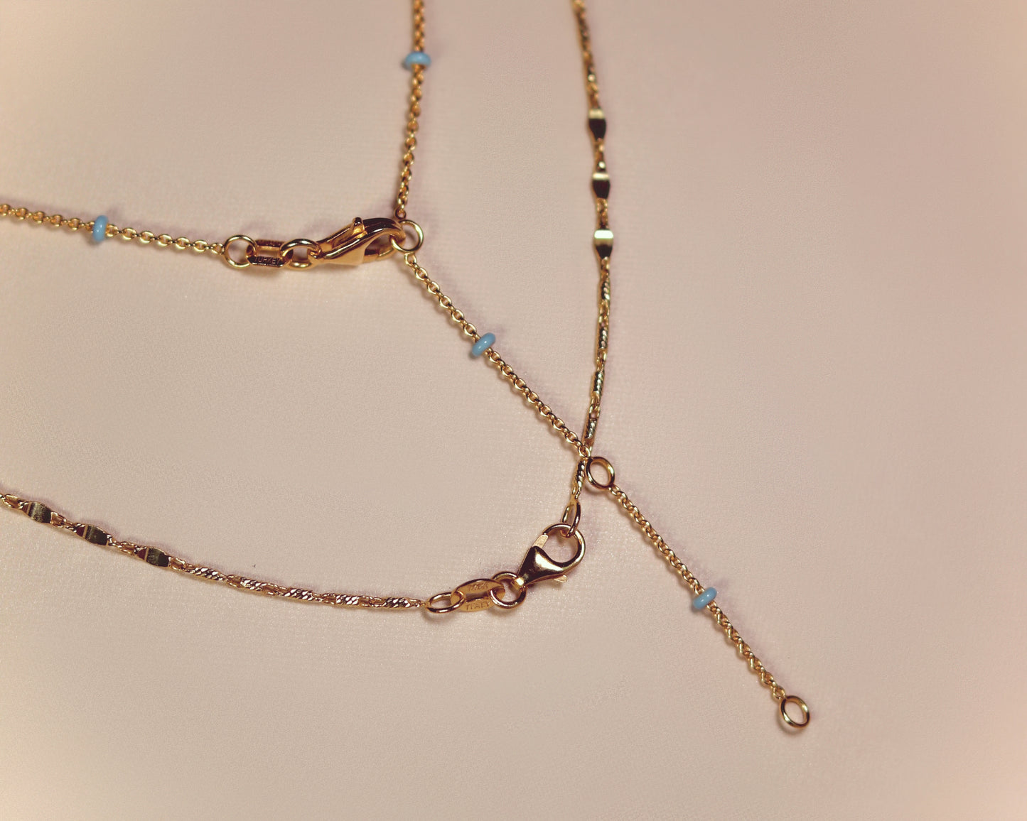 14K Yellow Gold Baby Blue Enamel Bead Adjustable Saturn Chain