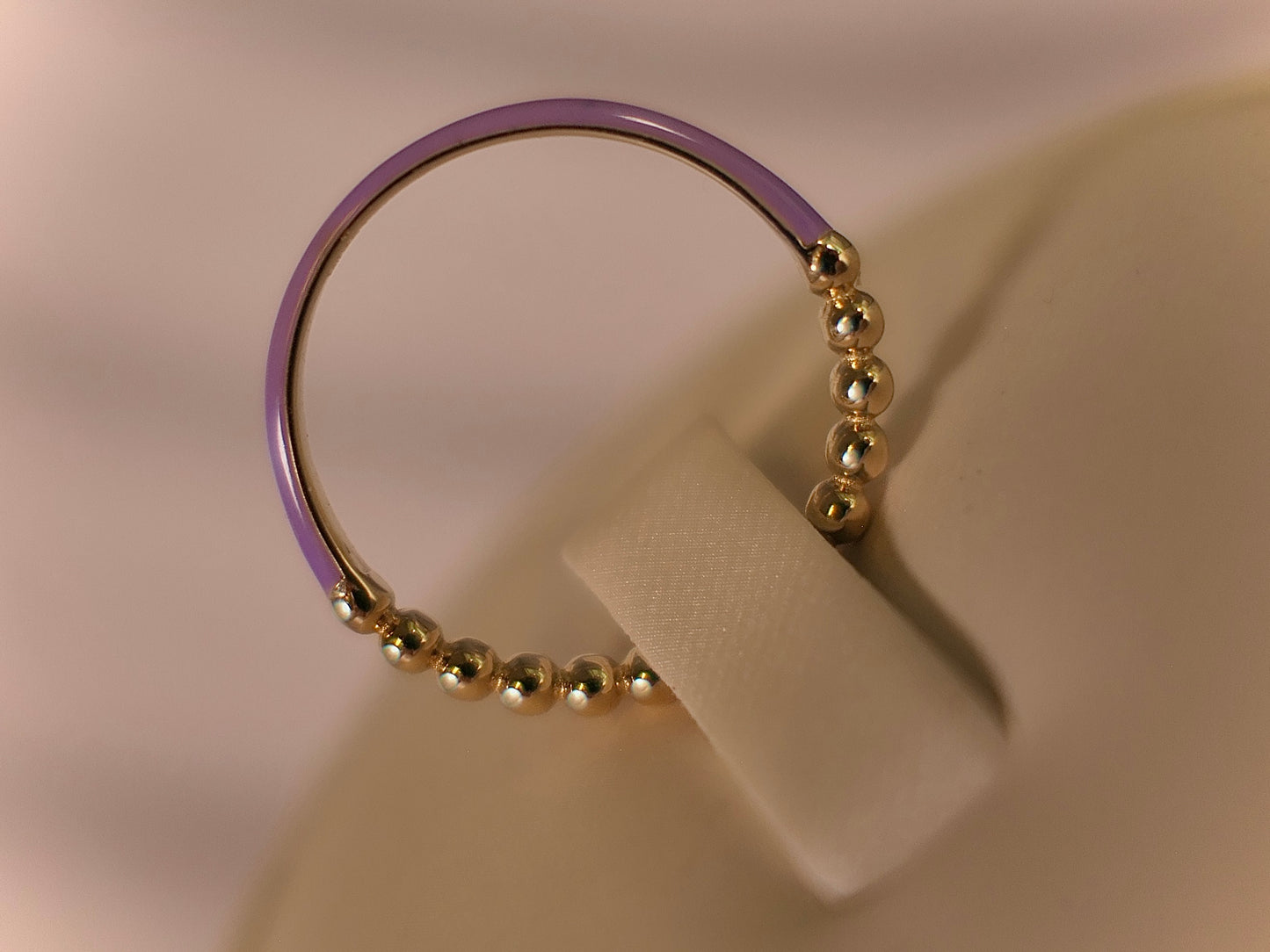 14K Yellow Gold Half Beaded, Half Lilac Enamel Ring