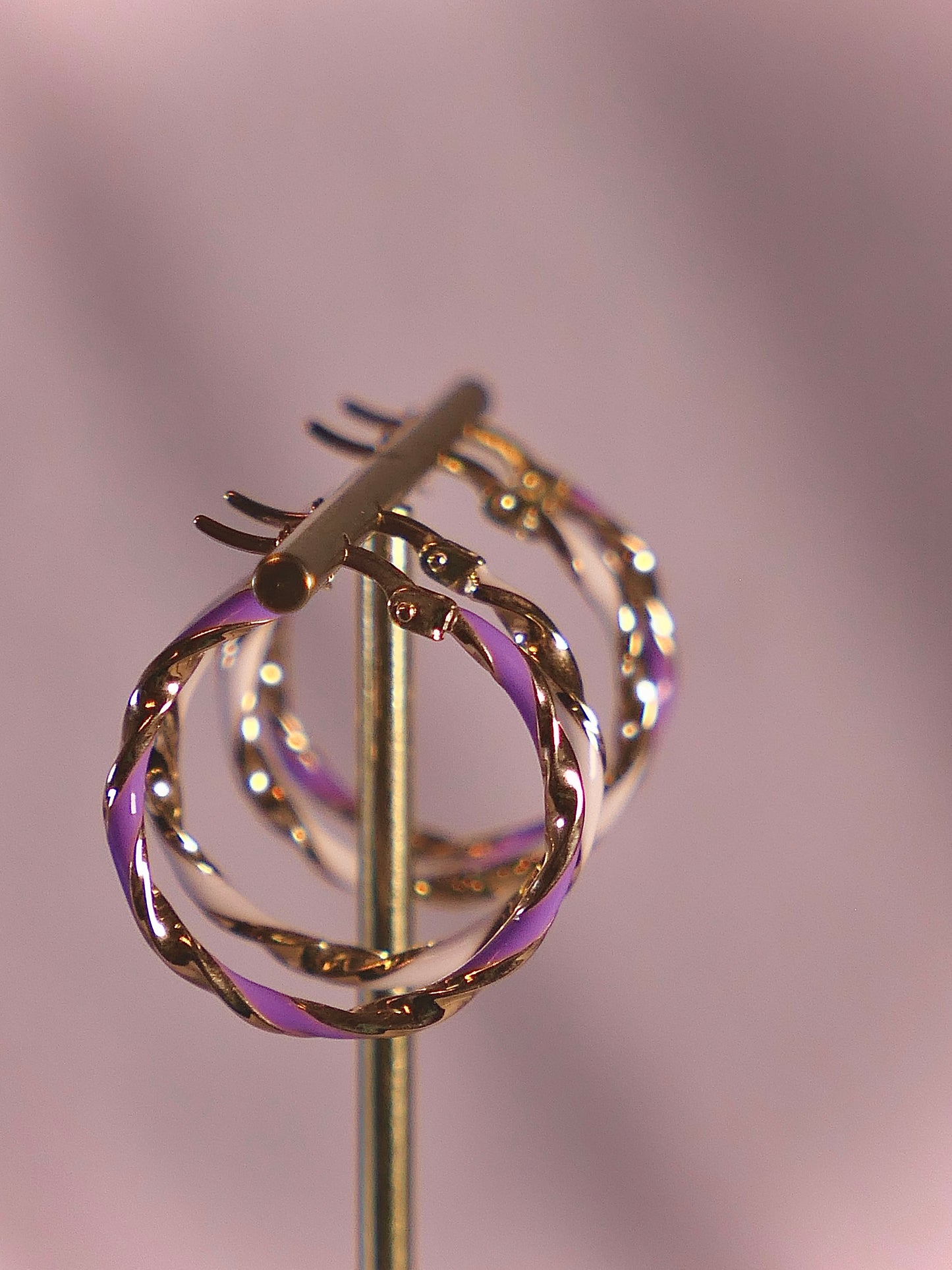 14K Yellow Gold 20x2mm Purple Enamel Round Twist Hoops