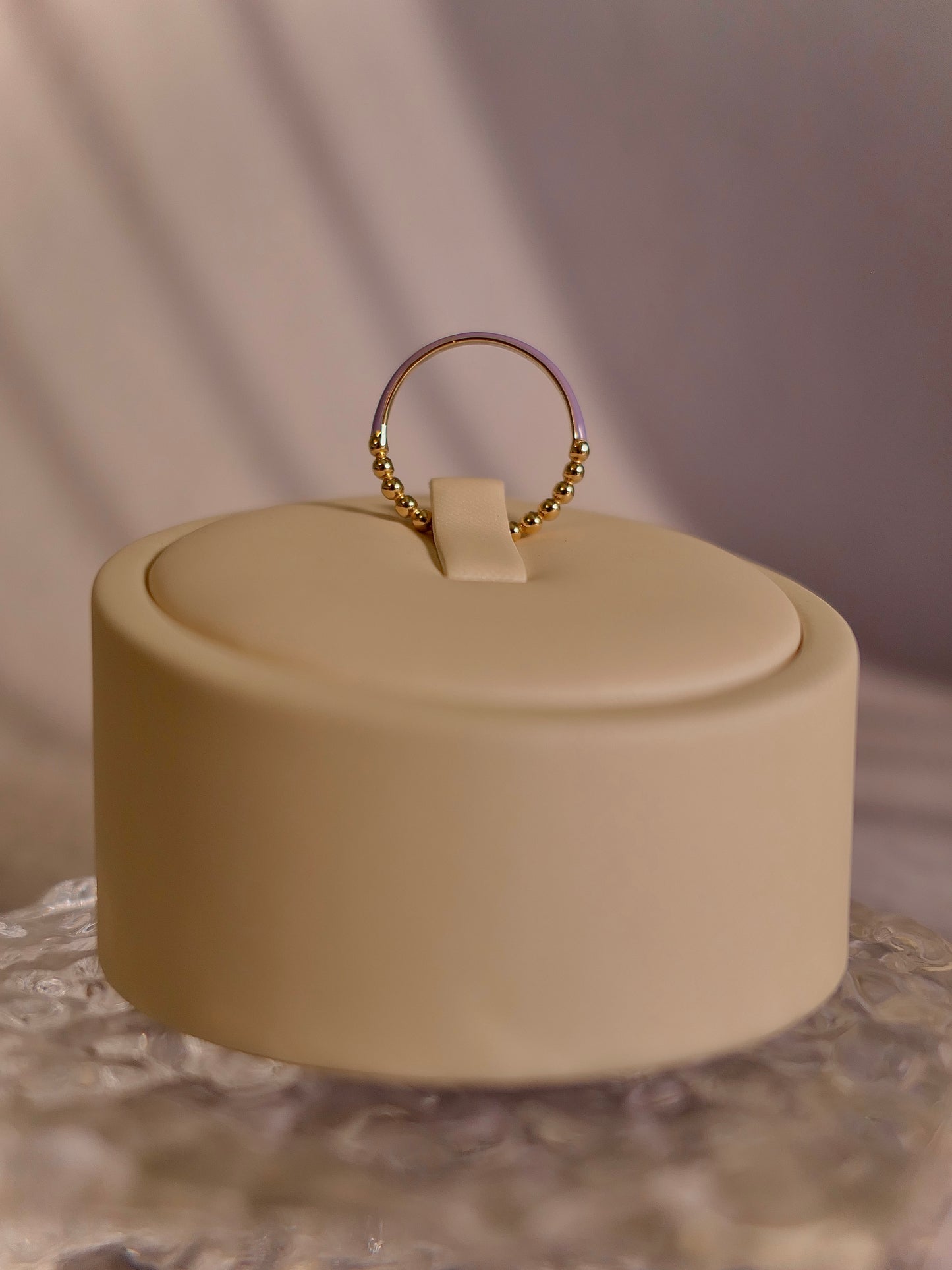 14K Yellow Gold Half Beaded, Half Lilac Enamel Ring