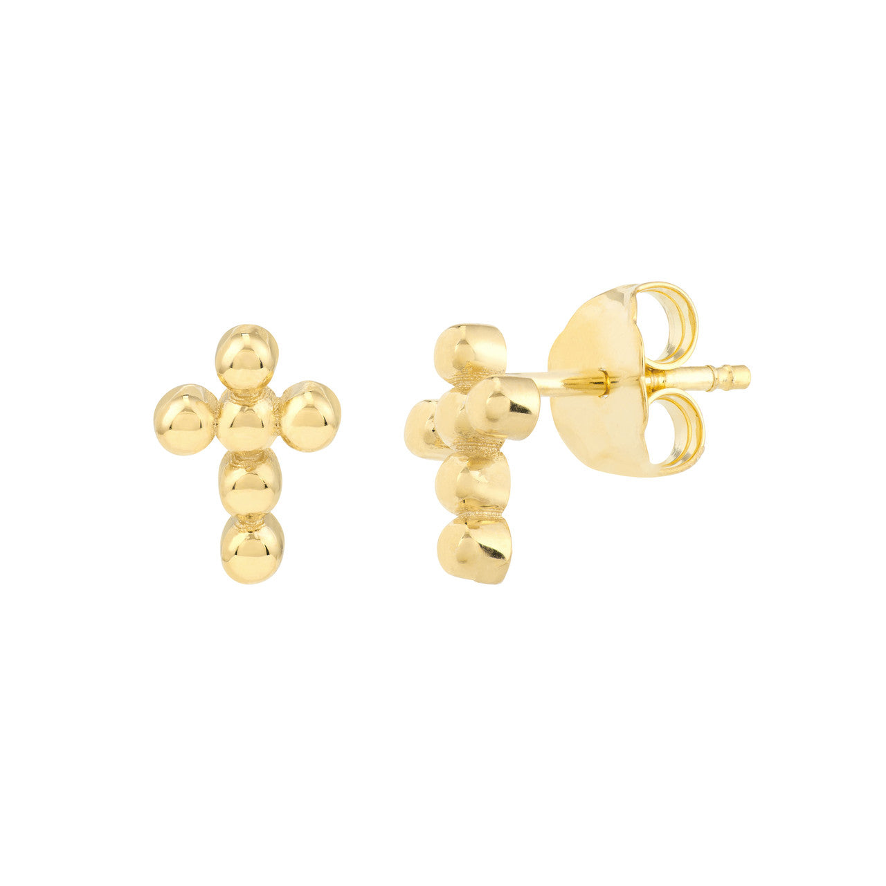 14K Yellow Gold Bead Cross Stud Earrings