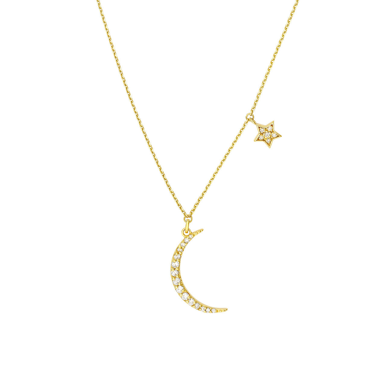14K Yellow Gold Natural Diamond Moon with Star Dangle Necklace