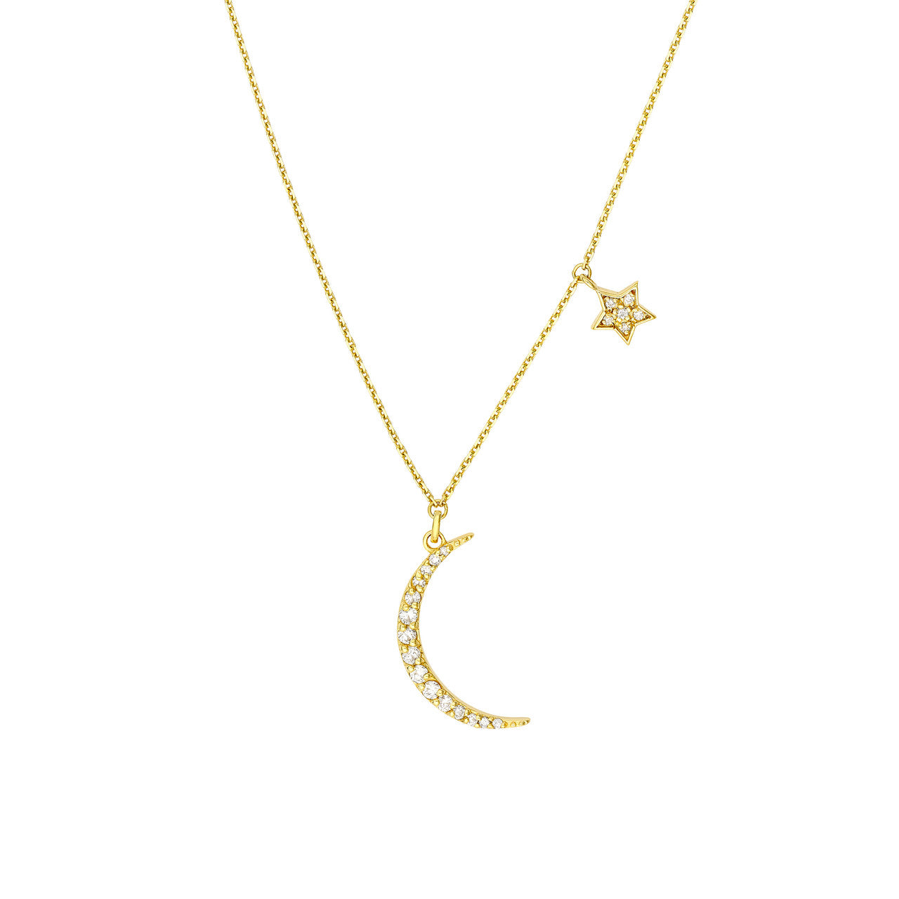 14K Yellow Gold Natural Diamond Moon with Star Dangle Necklace