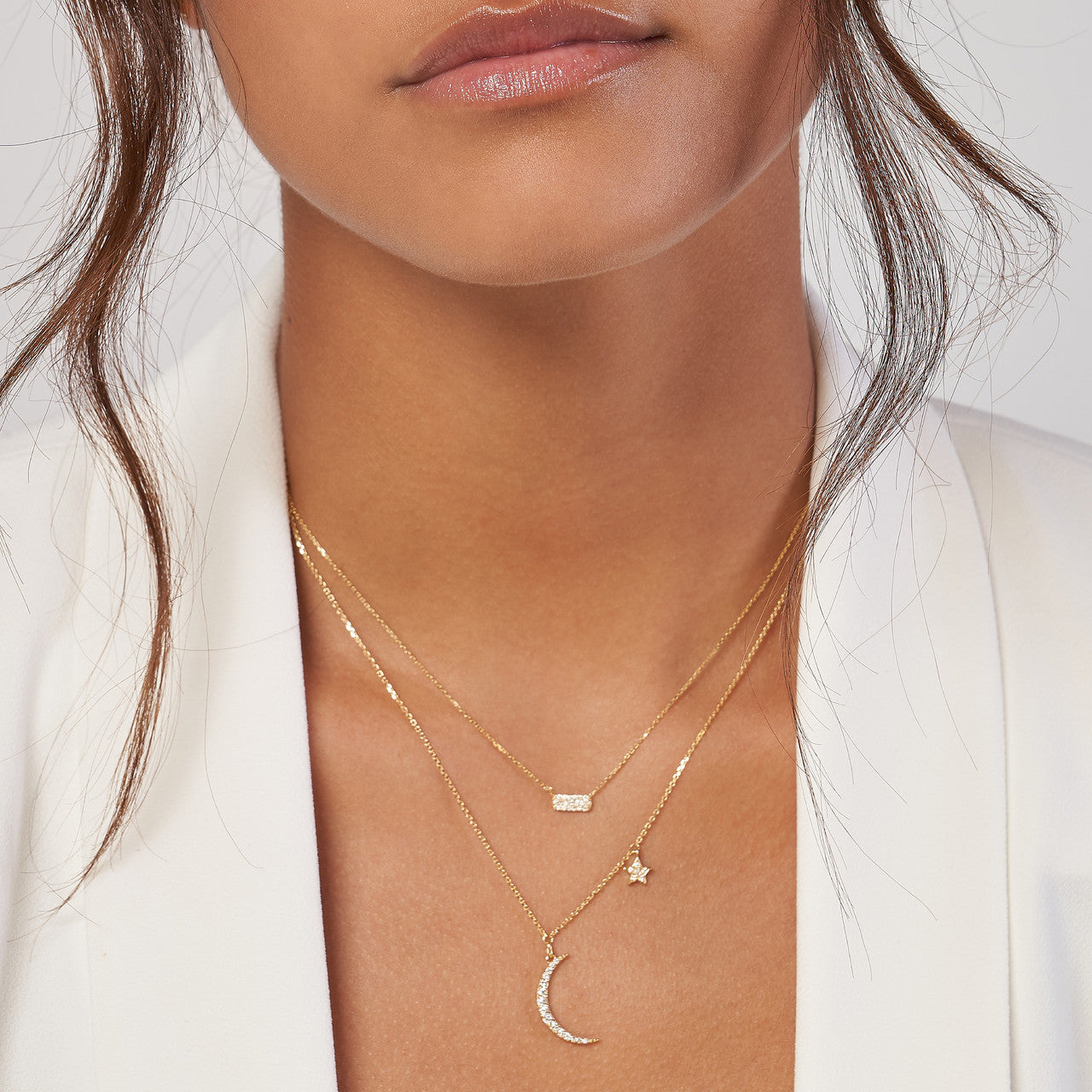14K Yellow Gold Natural Diamond Moon with Star Dangle Necklace