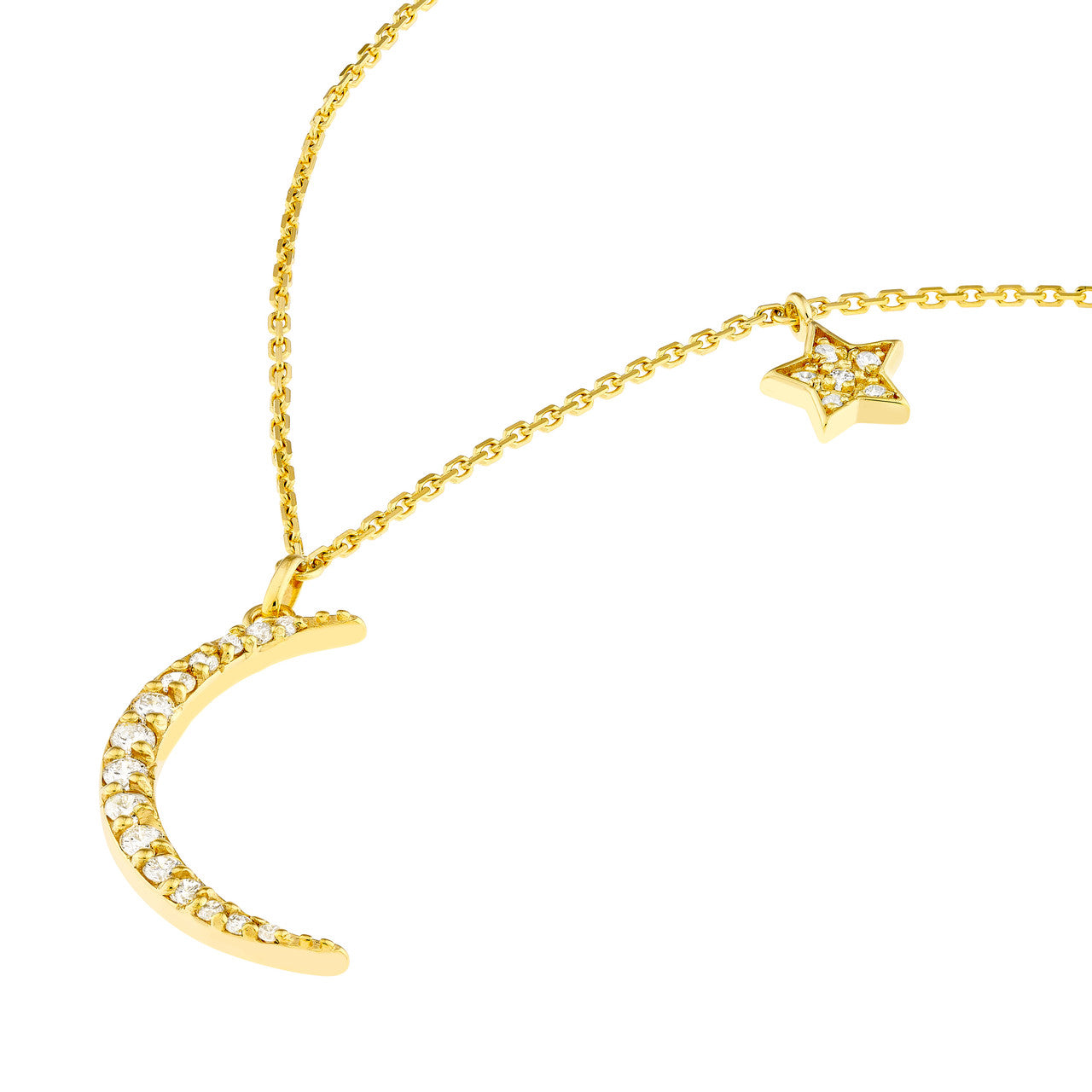 14K Yellow Gold Natural Diamond Moon with Star Dangle Necklace