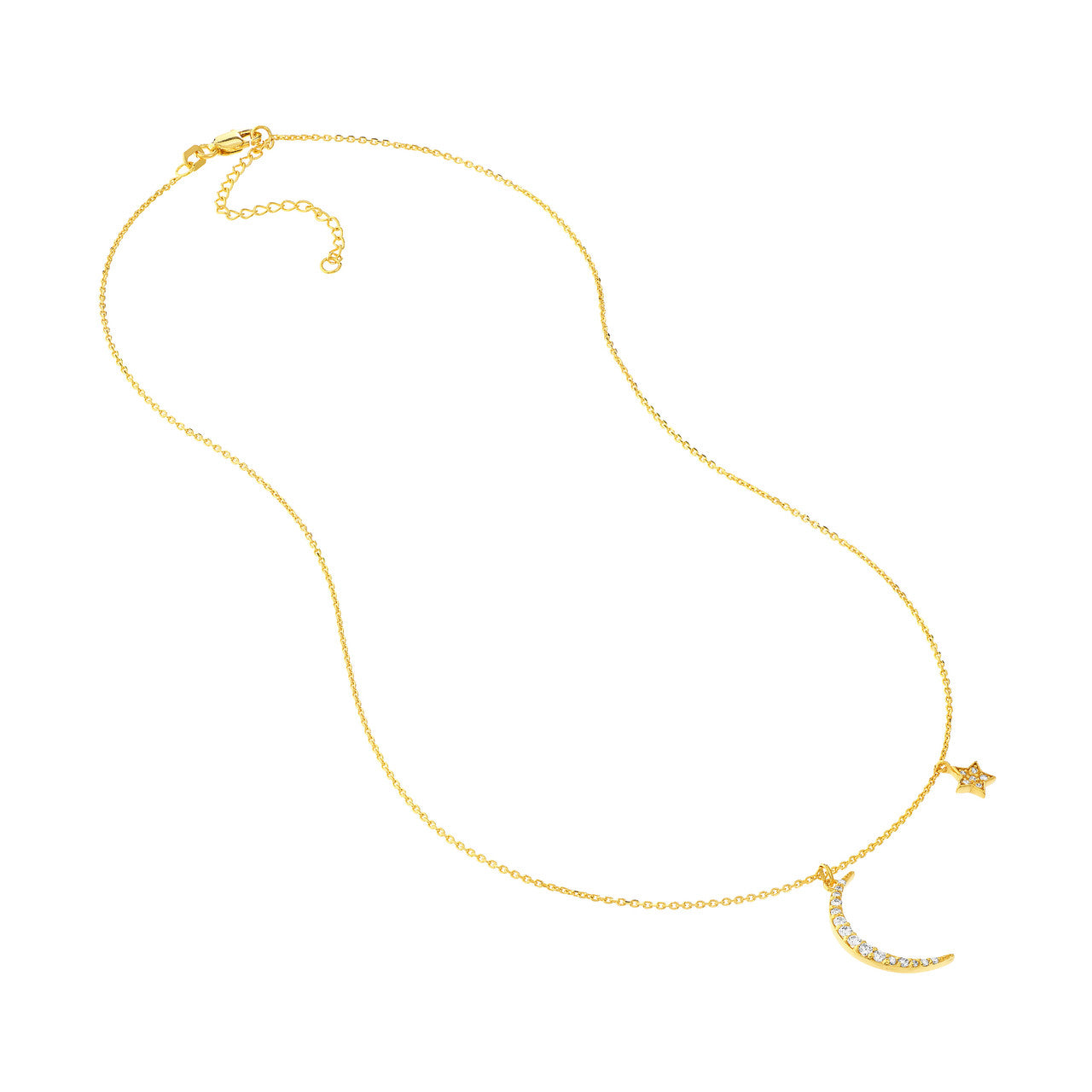 14K Yellow Gold Natural Diamond Moon with Star Dangle Necklace
