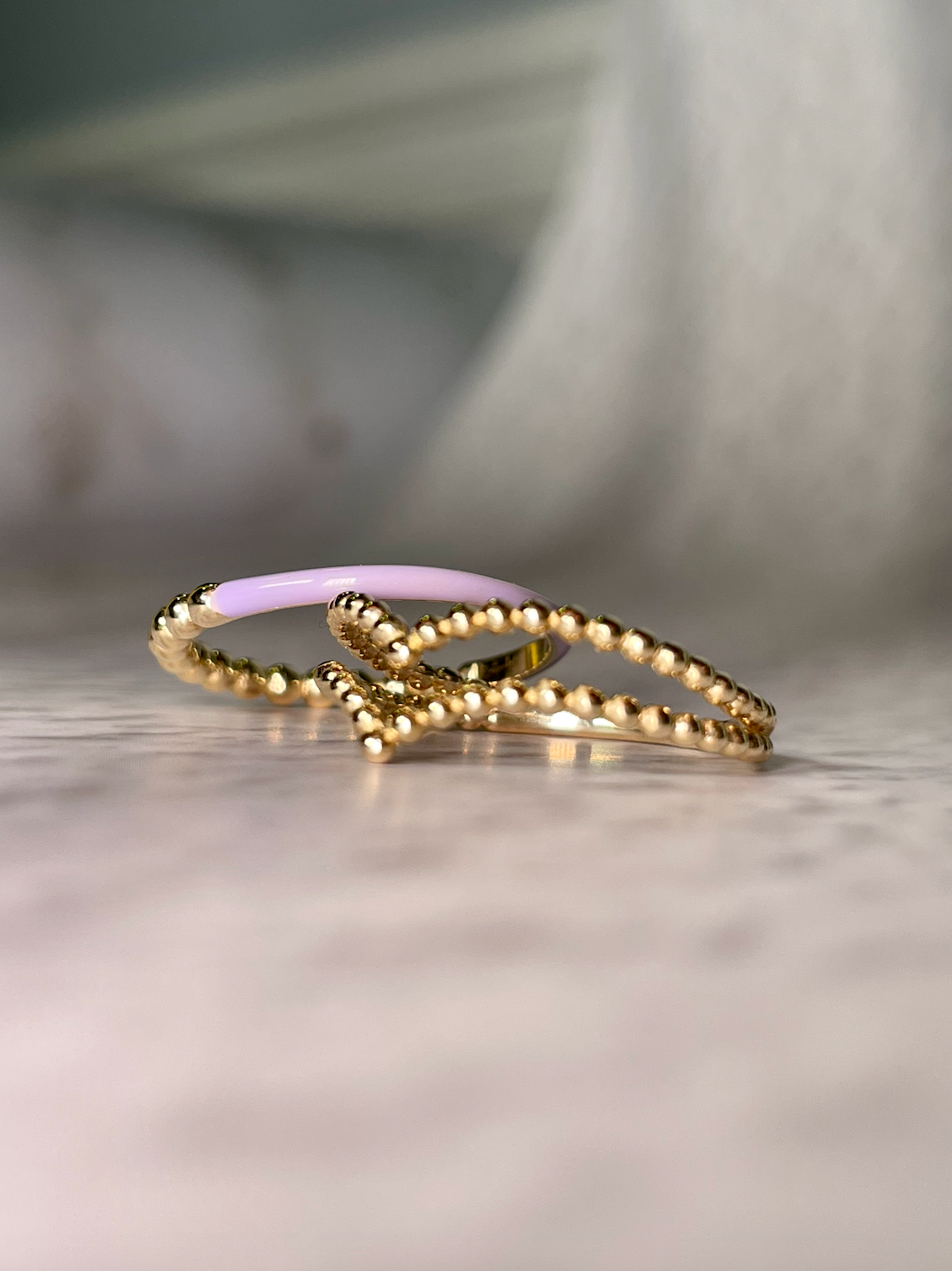 14K Yellow Gold Half Beaded, Half Lilac Enamel Ring