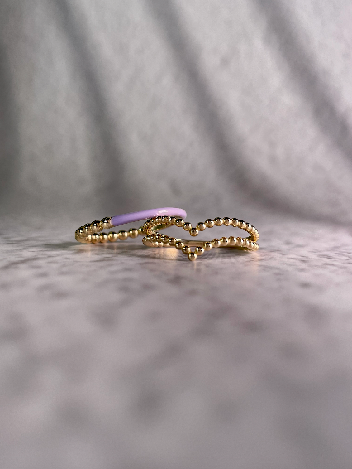 14K Yellow Gold Half Beaded, Half Lilac Enamel Ring