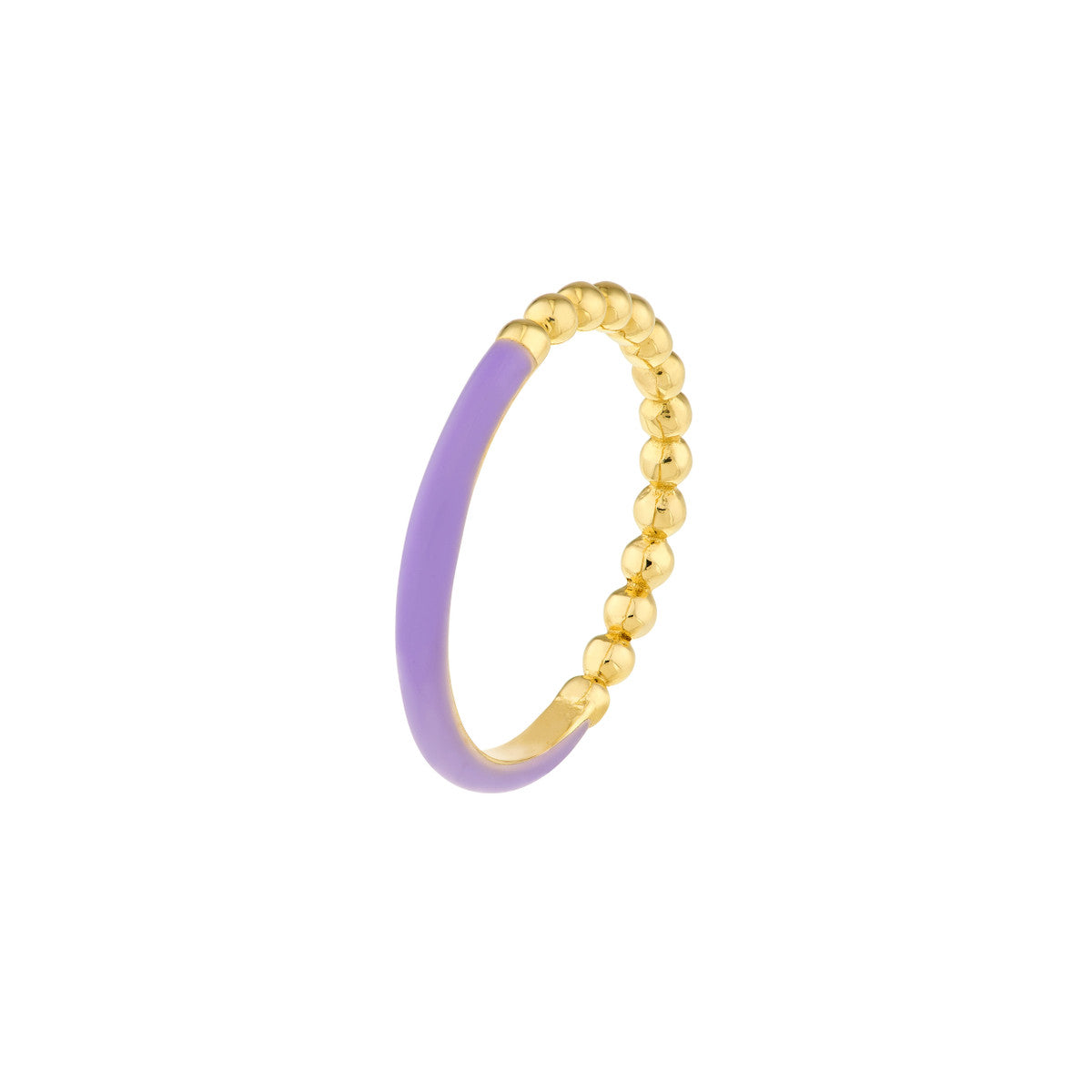 14K Yellow Gold Half Beaded, Half Lilac Enamel Ring