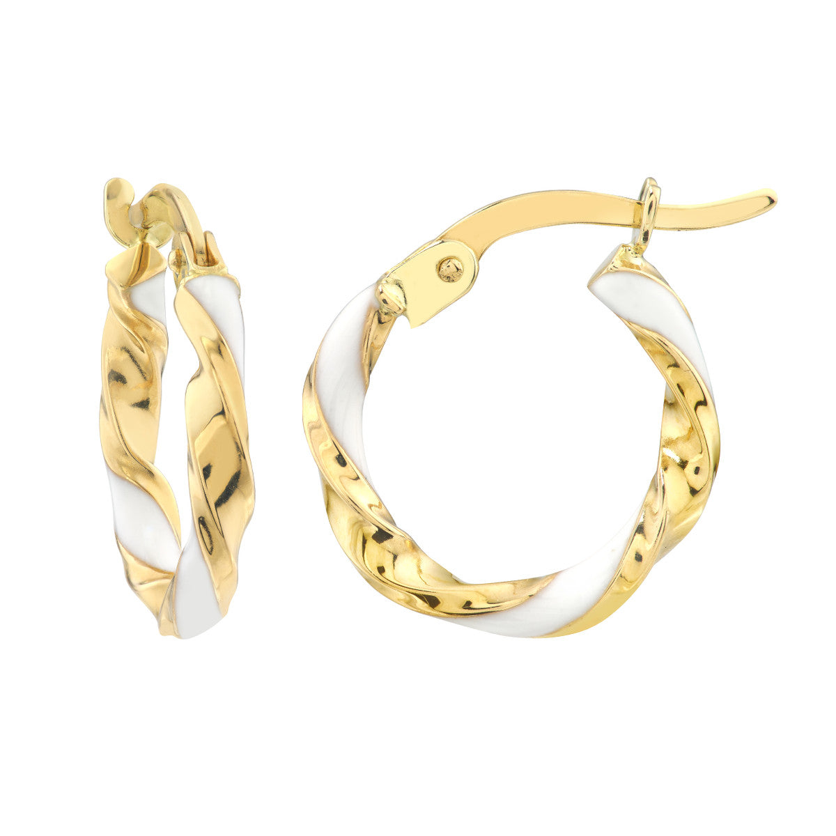 14K Yellow Gold 10X2mm White Enamel Round Twist Hoops