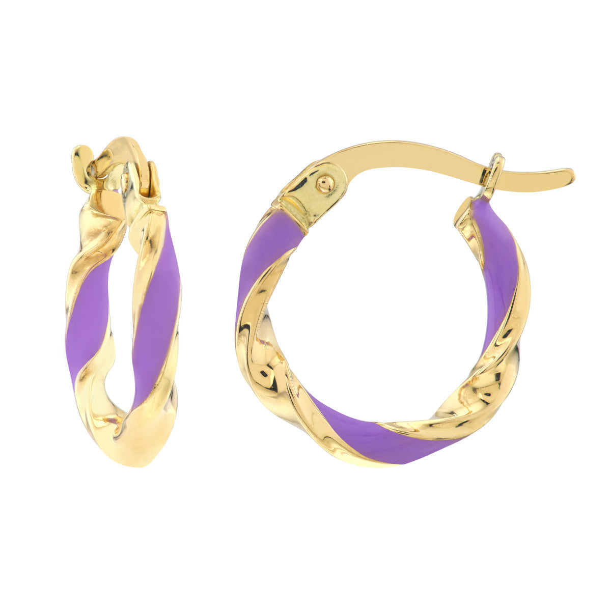 14K Yellow Gold 10X2mm White Enamel Round Twist Hoops