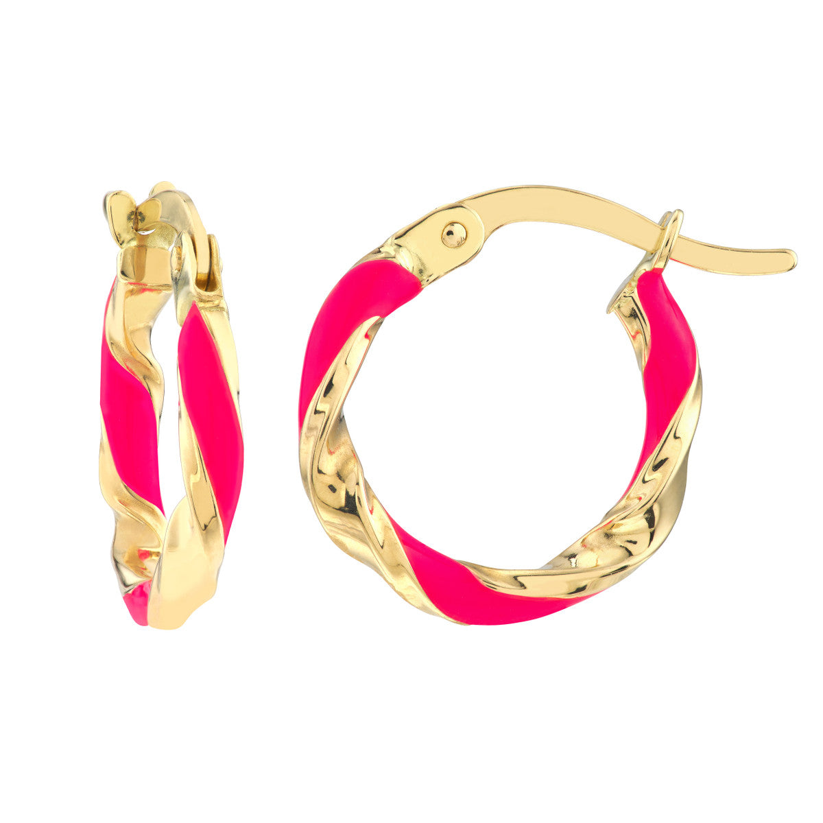 14K Yellow Gold 10X2mm White Enamel Round Twist Hoops