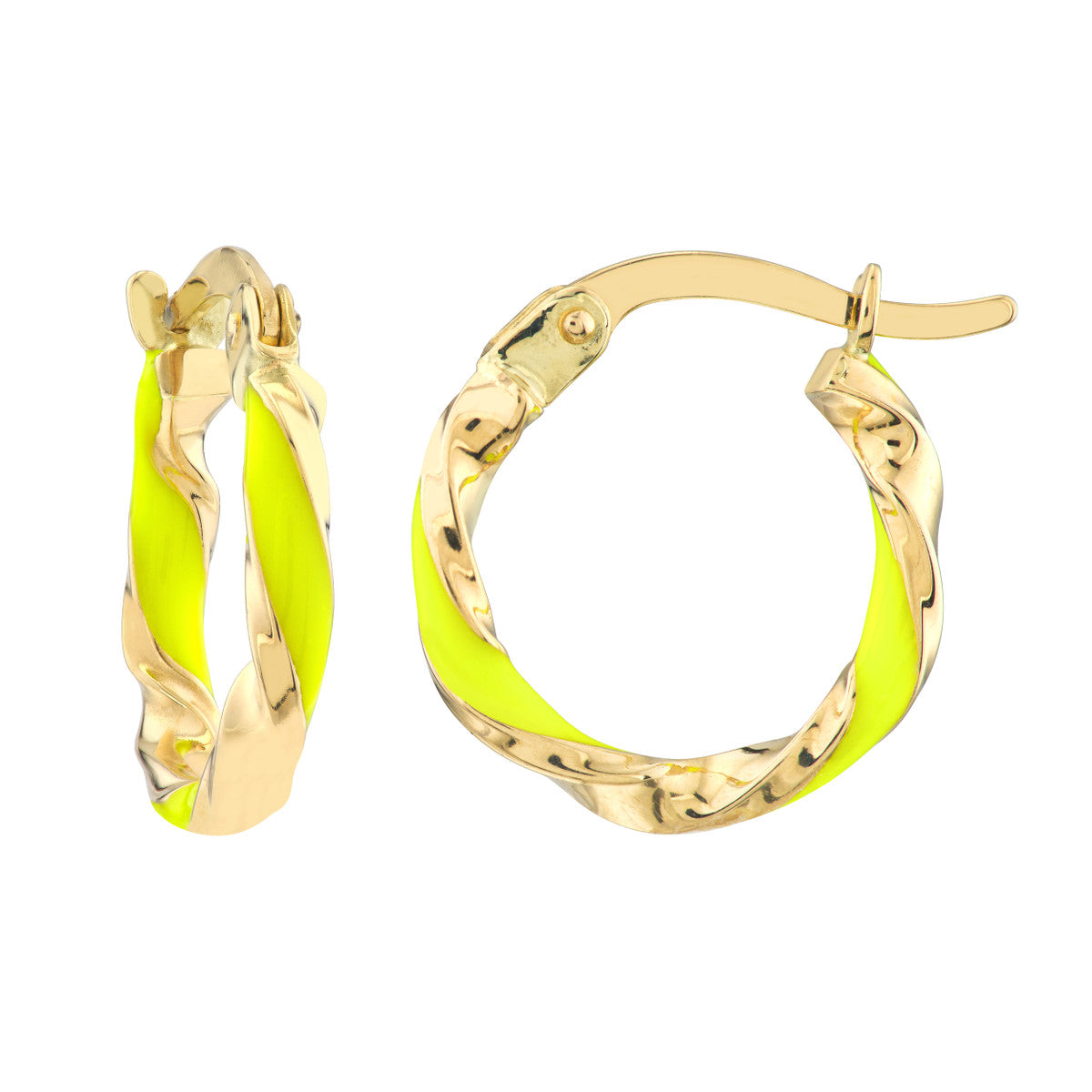 14K Yellow Gold 10X2mm White Enamel Round Twist Hoops