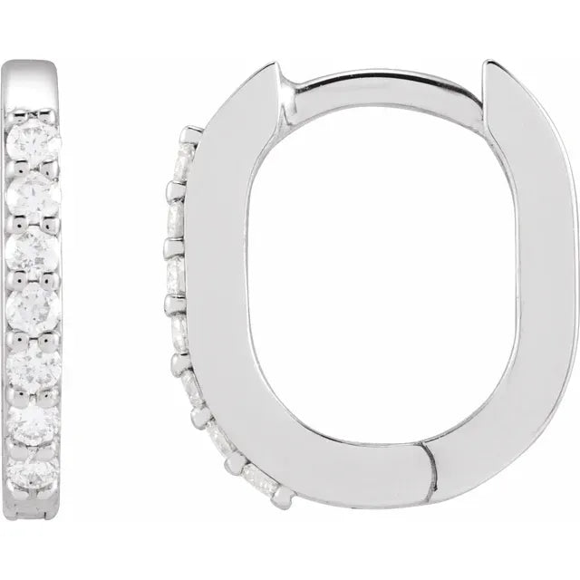 14K White Gold Natural Diamond 12mm Elongated Hoop Earrings