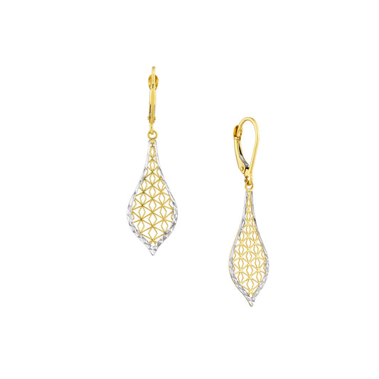 14K Two-Tone Gold Diamond-Cut Border Dangle Filigree Leaf Earrings