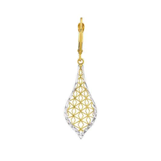 14K Two-Tone Gold Diamond-Cut Border Dangle Filigree Leaf Earrings