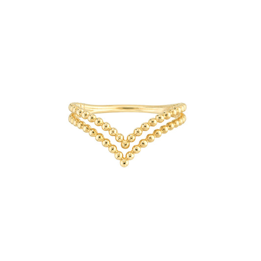 14K Yellow Gold Double Beaded Chevron Design Ring