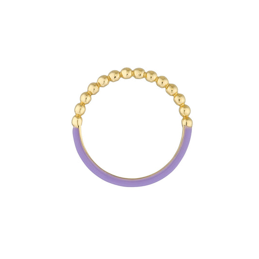 14K Yellow Gold Half Beaded, Half Lilac Enamel Ring