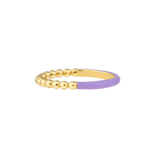 14K Yellow Gold Half Beaded, Half Lilac Enamel Ring