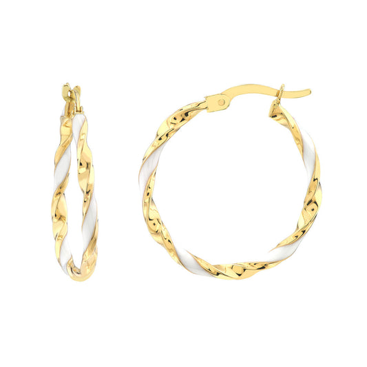 14K Yellow Gold 20x2mm White Enamel Round Twist Hoops