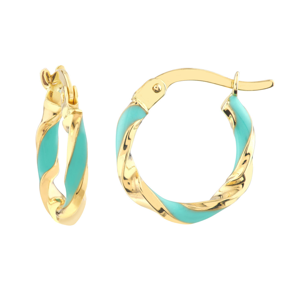 14K Yellow Gold 10X2mm Turquoise Enamel Round Twist Hoops