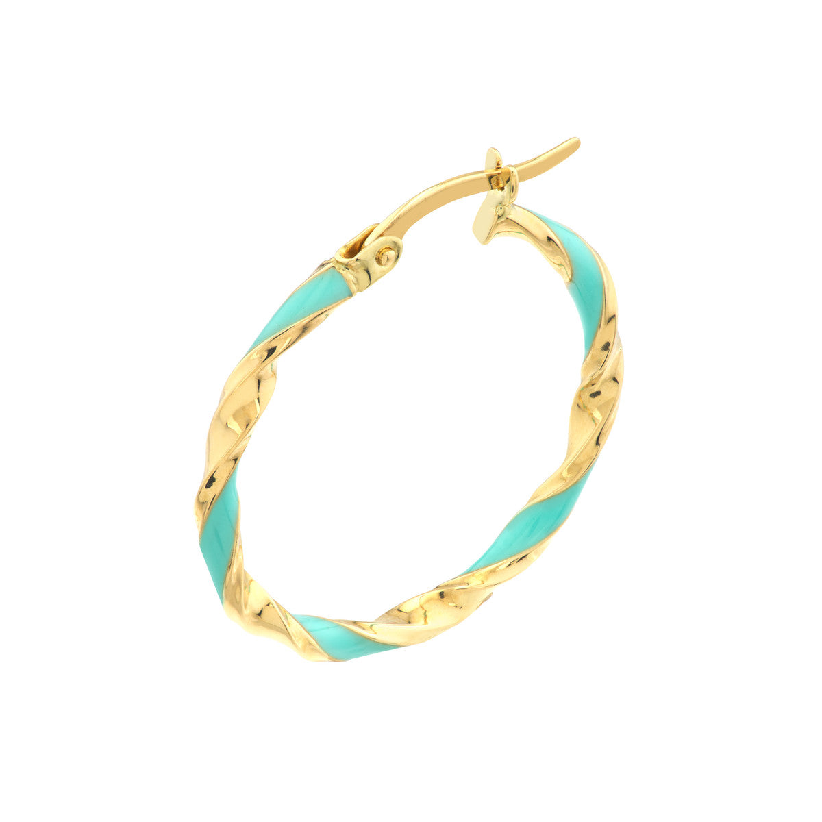 14K Yellow Gold 20x2mm Turquoise Enamel Round Twist Hoops