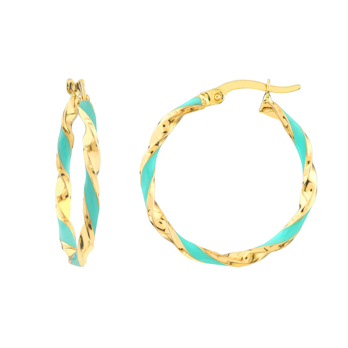 14K Yellow Gold 20x2mm Turquoise Enamel Round Twist Hoops