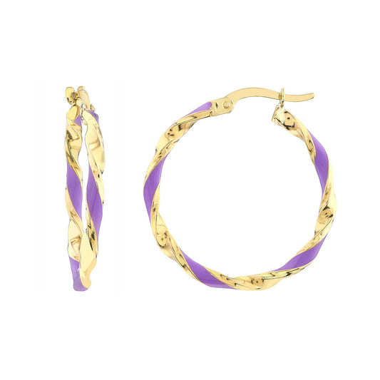 14K Yellow Gold 20x2mm Purple Enamel Round Twist Hoops