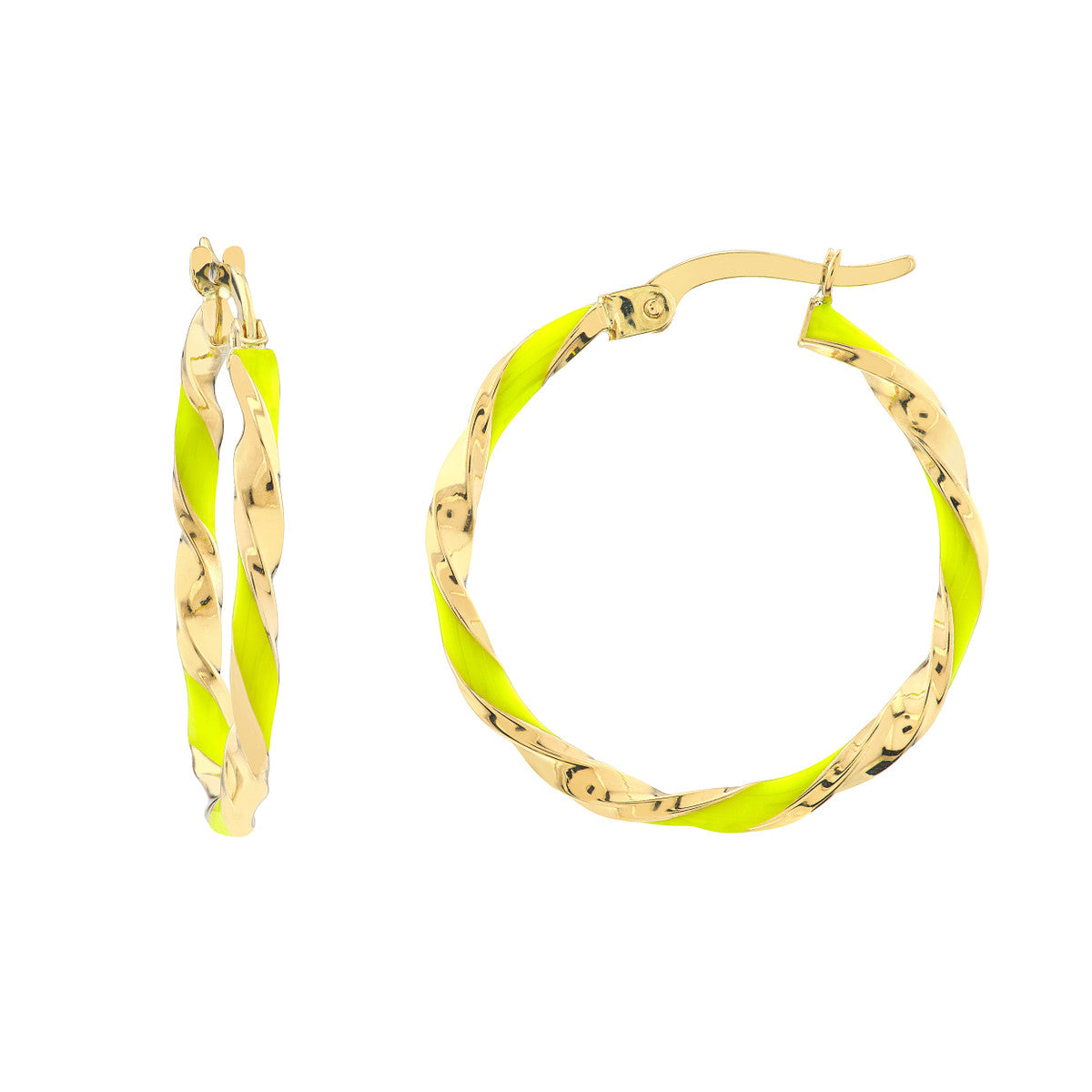 14K Yellow Gold 20x2mm Turquoise Enamel Round Twist Hoops